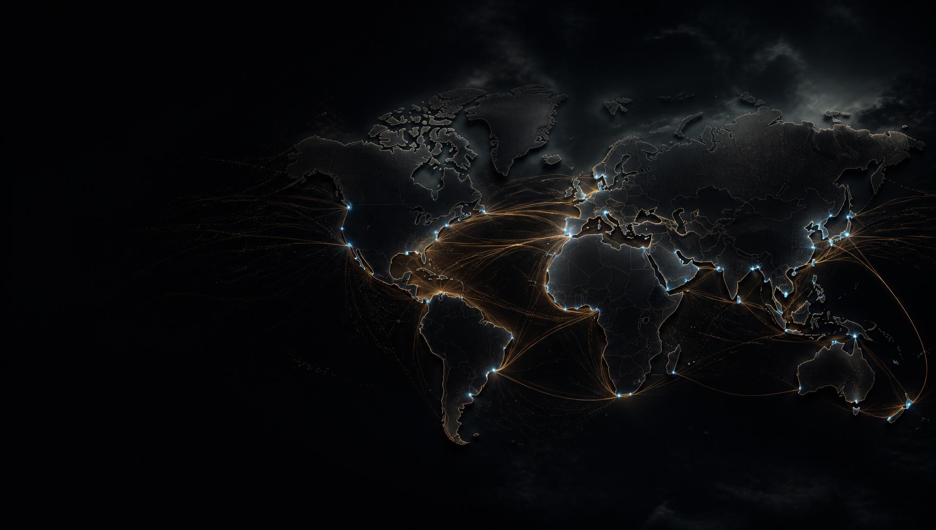 Dark world map at night with glowing global shipping lanes linking major ports